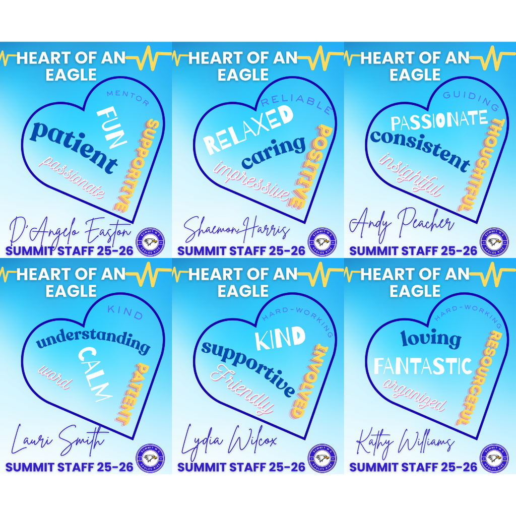 Heart of an Eagle award recognizing Mr. Easton, Mrs. Harris, Mr. Peacher, Ms. Smith, Ms. Wilcox, and Mrs. Kathy Williams.