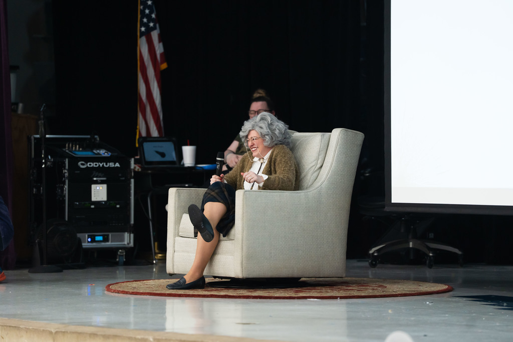 woman dressed up as an old lady 