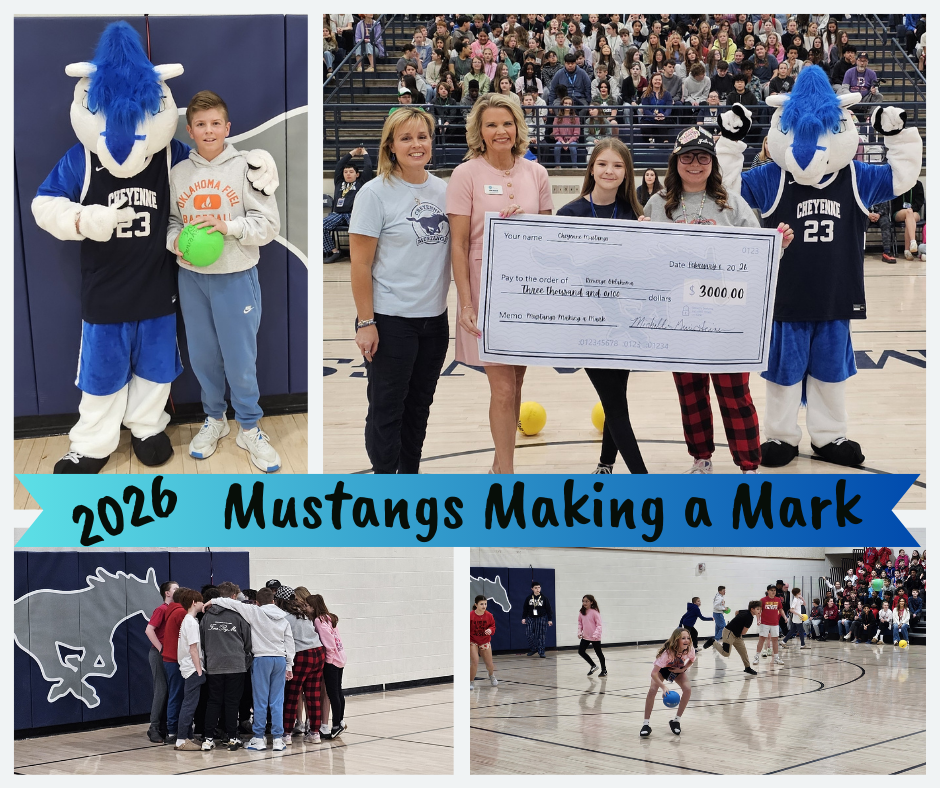 Mustang mascot next to a boy holding a dodgeball; 3 women and a female student holding a $3000 large check; a group of students huddled together; a group of students playing dodgeball