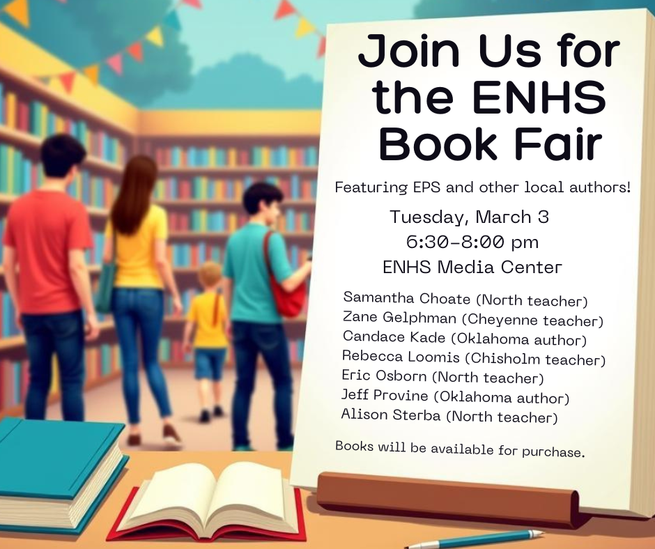 ENHS bookfair tuesday, march 3rd from 6:30-8 at edmond north high school
