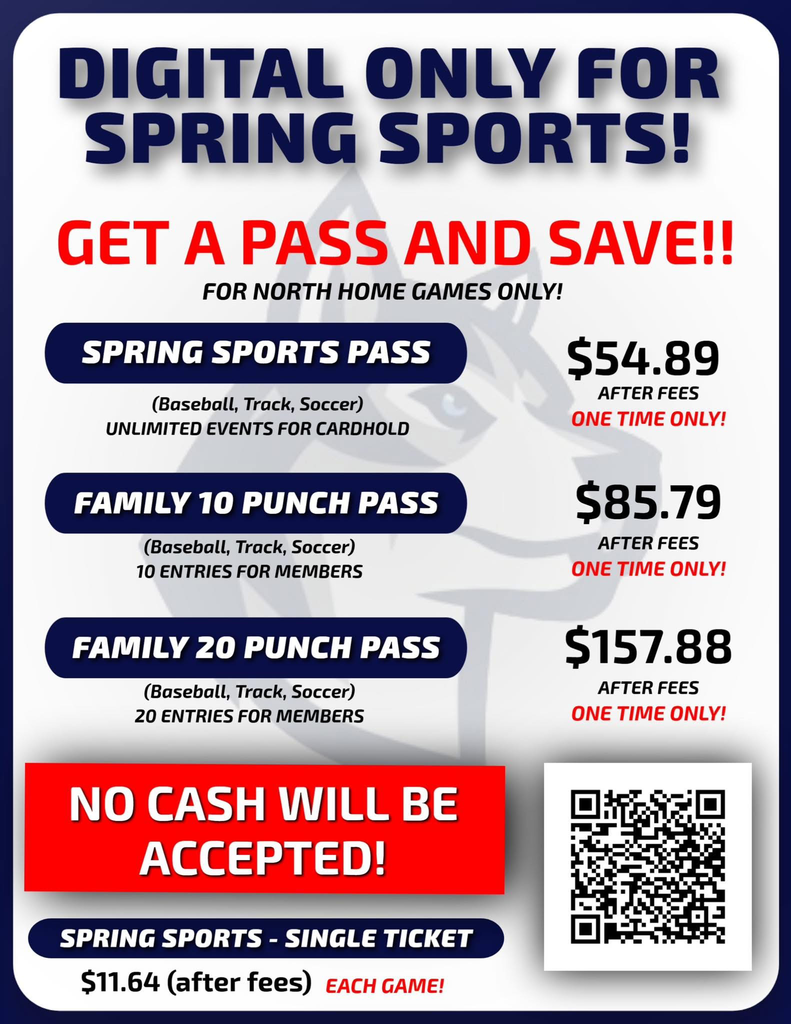 Digital sports pass available for spring sports. No cash accepted. 