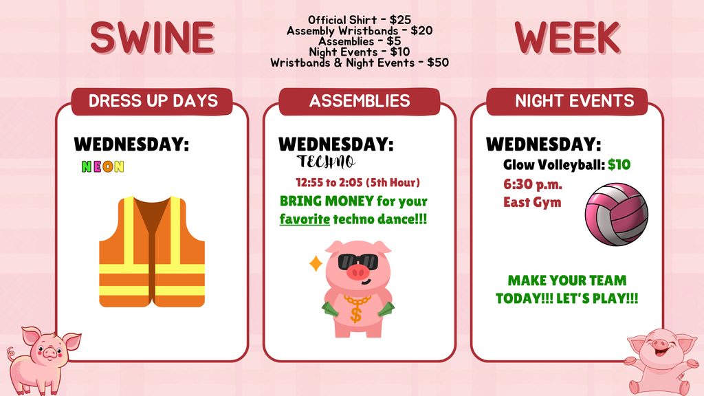 🌟 NEON UP & GLOW OUT 🌟 Wednesday = Techno Colors dress up + the Techno Assembly (5th hour, 12:55–2:05) — bring money to vote for your favorite techno dance! 💸 Then that evening: Glow Volleyball 🏐 🕡 6:30 p.m. | East Gym | $10 Make your team and let's play! 
