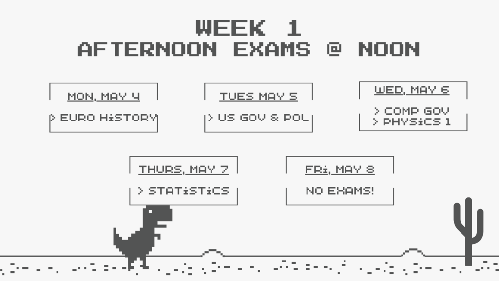 WEek 1 exams at noon