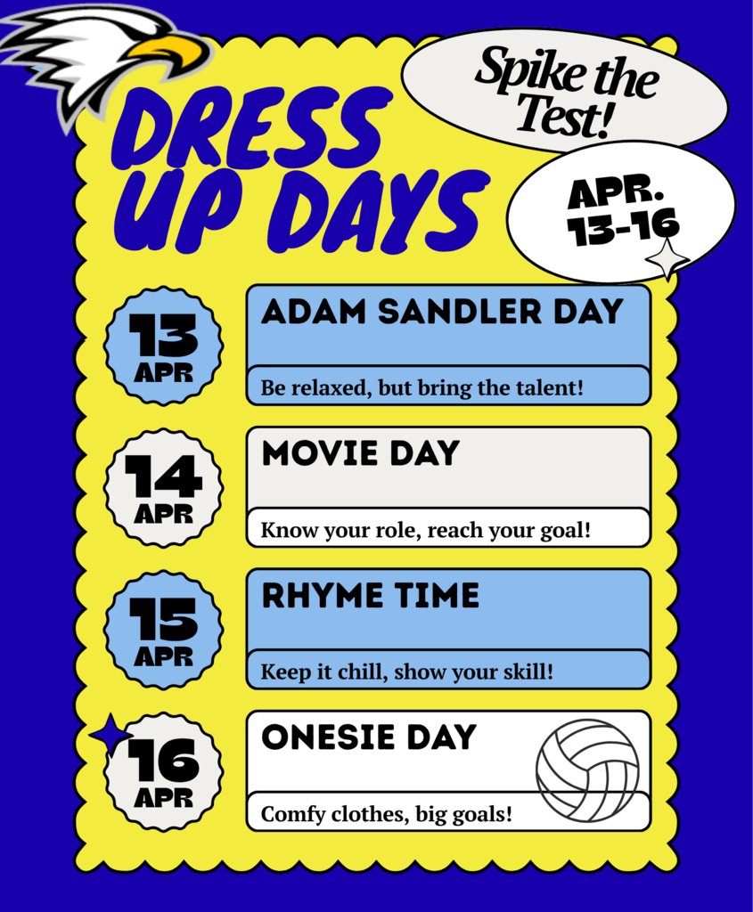Spike the Test Dress Up Days: Apr. 13 - Adam Sandler Day, Apr. 14 - Movie Day, Apr. 15 - Thyme Time, Apr. 16 - Onesie Day