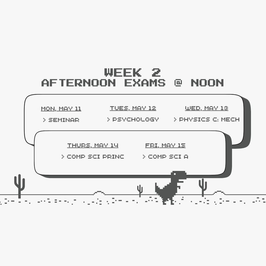 WEek 2 afternoon exams start at 12