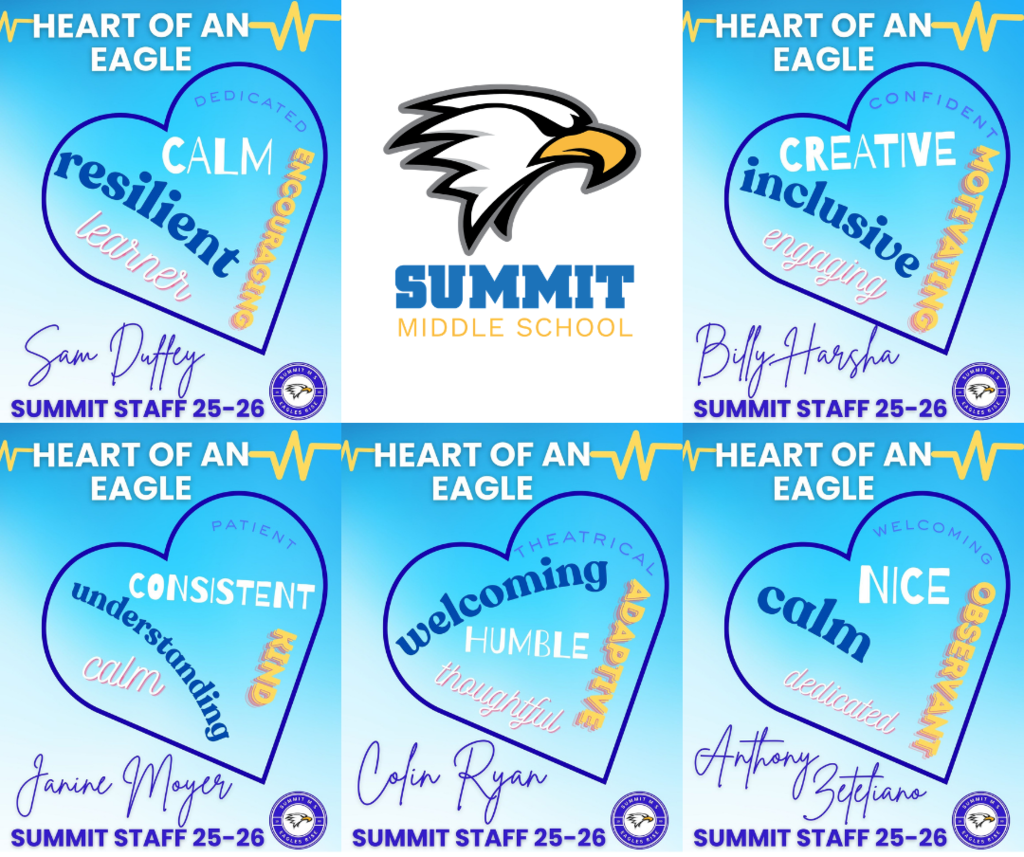 Heart of an Eagle award pictures for Mr. Duffey, Ms. Harsha, Ms. Moyer, Mr. Ryan, and Mr. Zeteliano.