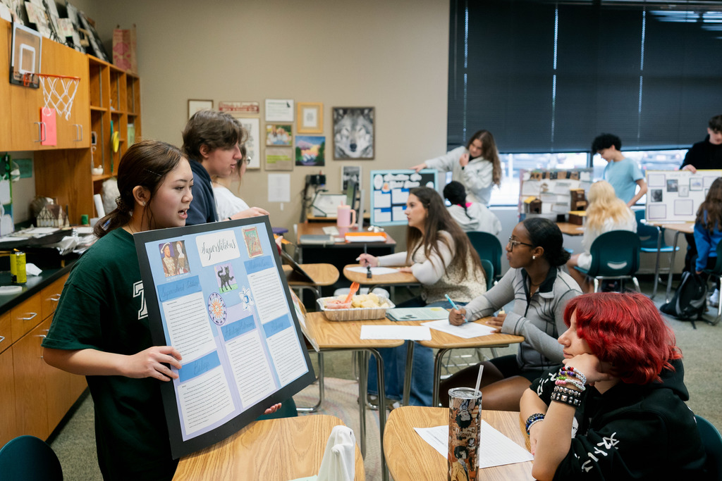 students presenting to other students in a classroom