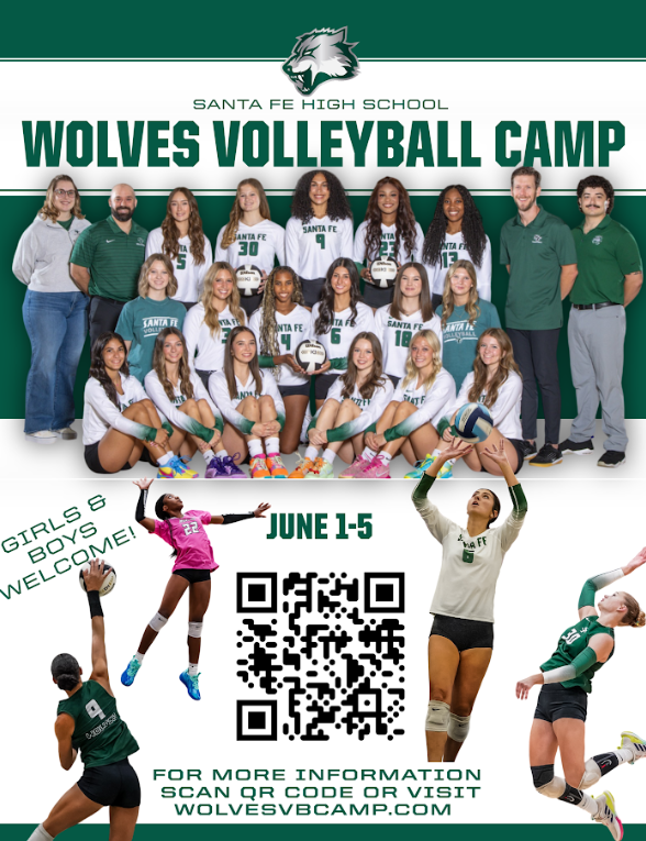 Wolves Volleyball Camp flyer. Camp opportunities June 1st - 5th. QR code to scan for more information or go to wolvesvbcamp.com.