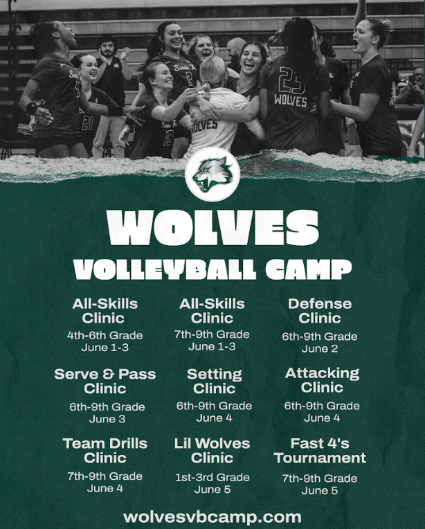Wolves Volleyball Camp flyer. Go to wolvesvbcamp.com for more information.