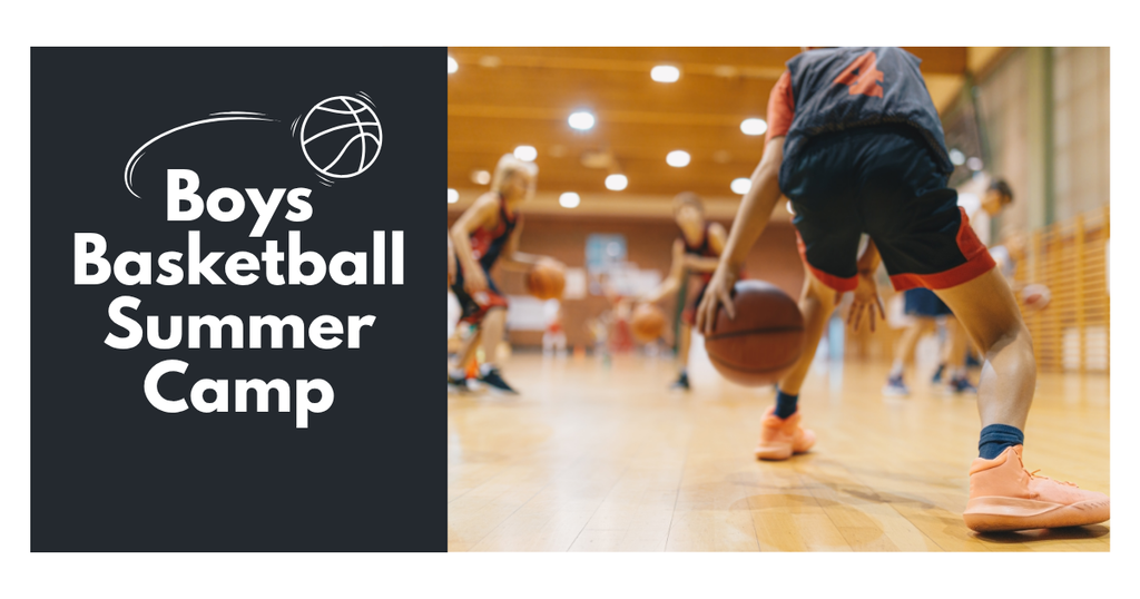 A group of teens dribbling basketballs on a court with the words "Boys Basketball Summer Camp"