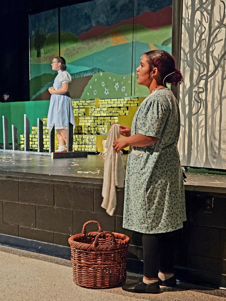 Auntie Em standing near the stage and Dorothy in the background on the stage