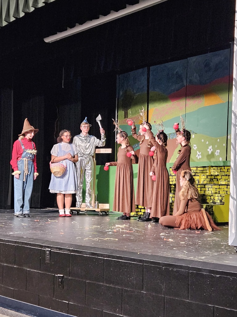 A group of students on stage in Wizard of Oz costumes