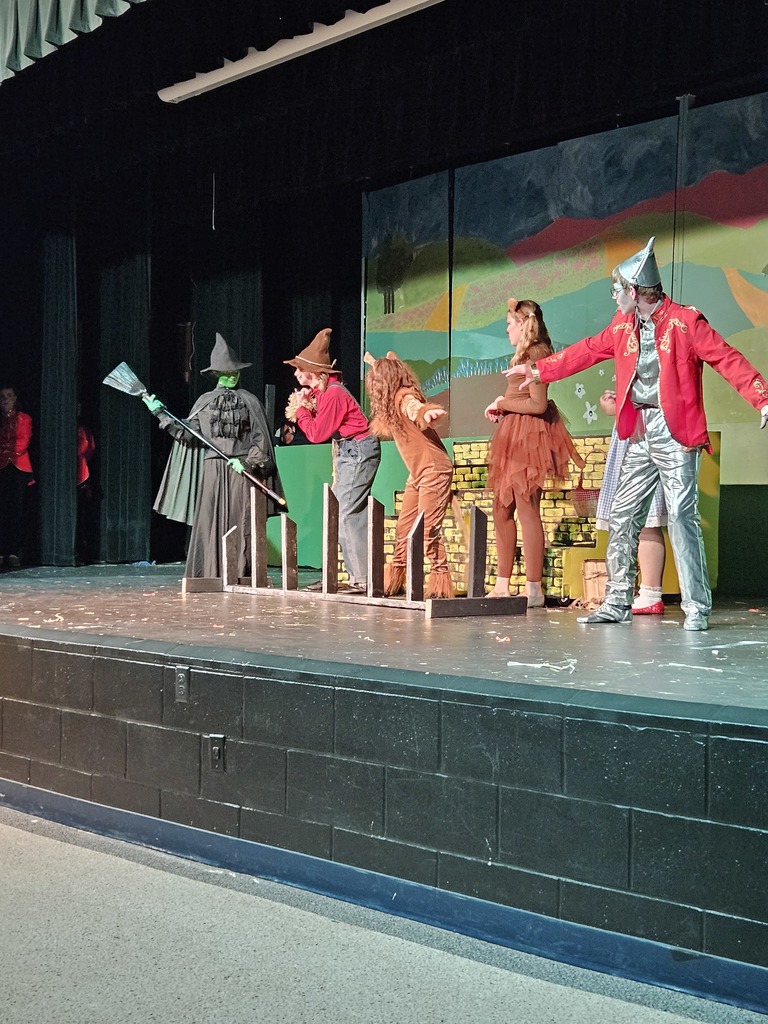 The Wiken Witch, the Scarecrow, The Cowardly Lion, the Tin Man, Dorothy, a character in a brown costume