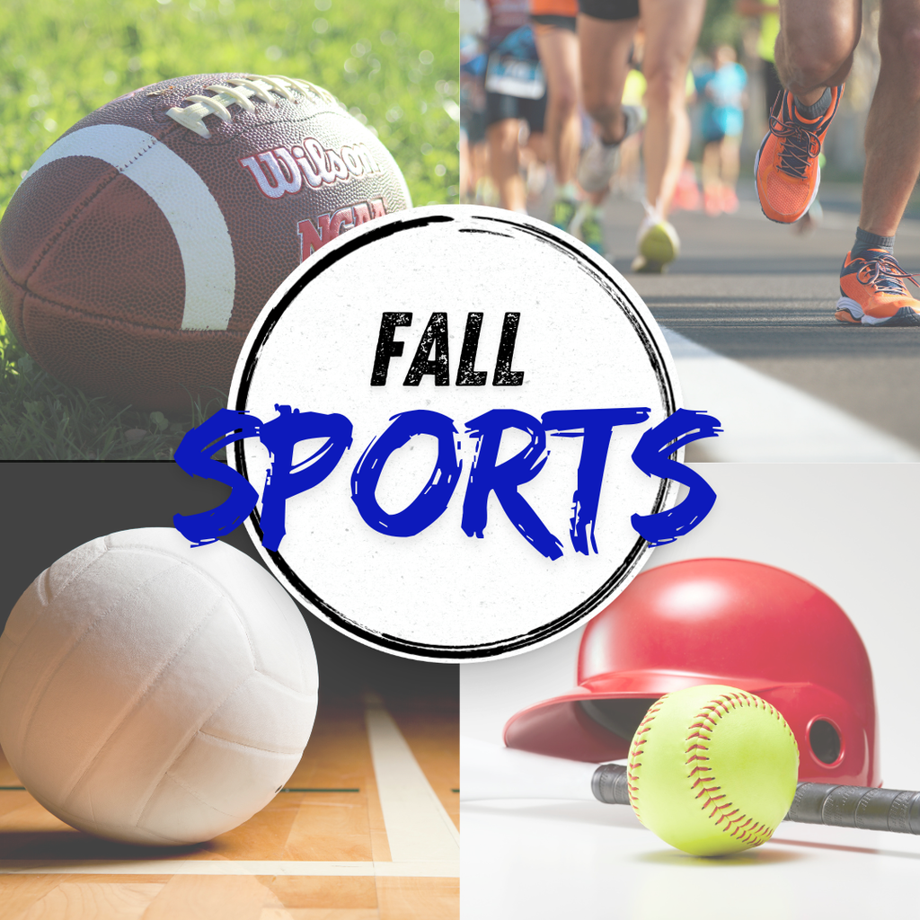 pictures of a football, a volleyball, some softball gear, and a leg view of people running with the words, "Fall Sports" in the center
