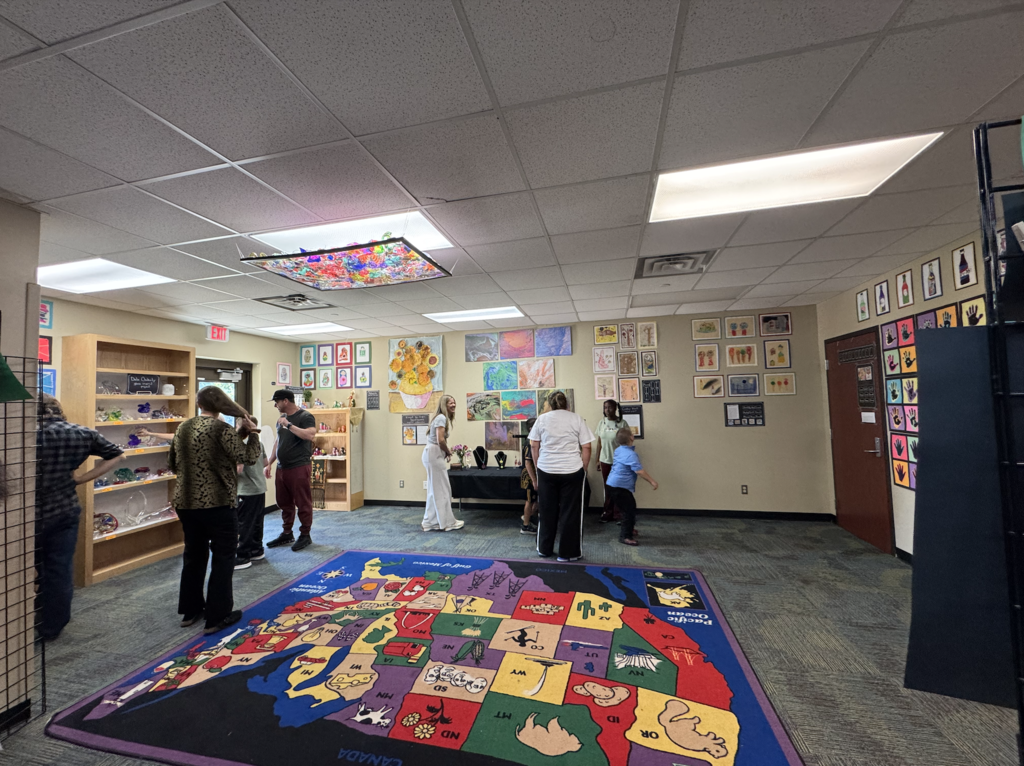 art exhibit in a classroom