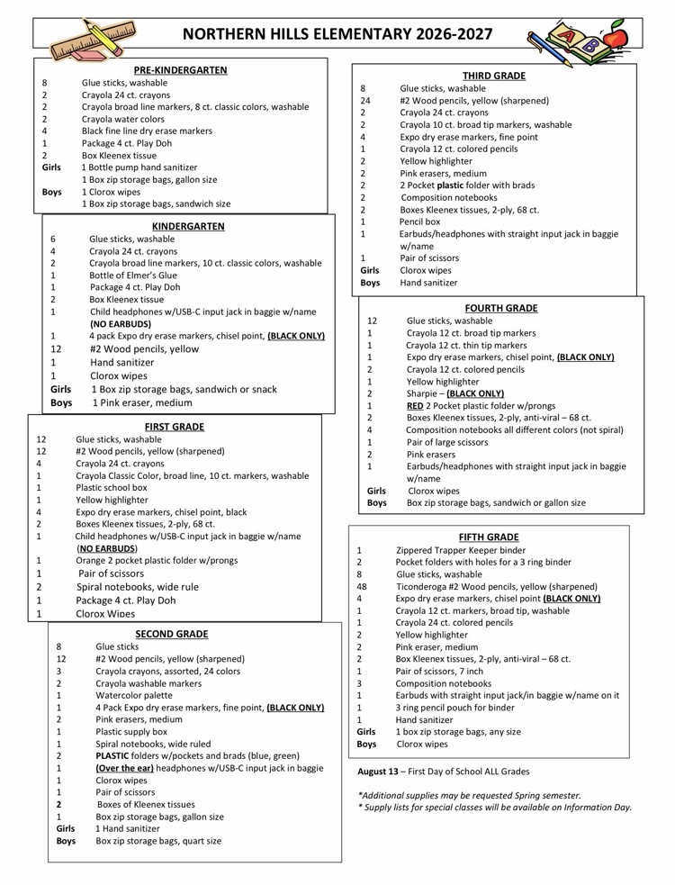 2026 2027 school supply list for Northern Hills sub