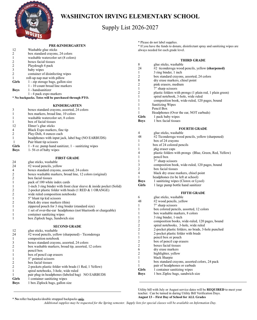 Washington Irving School Supplies List