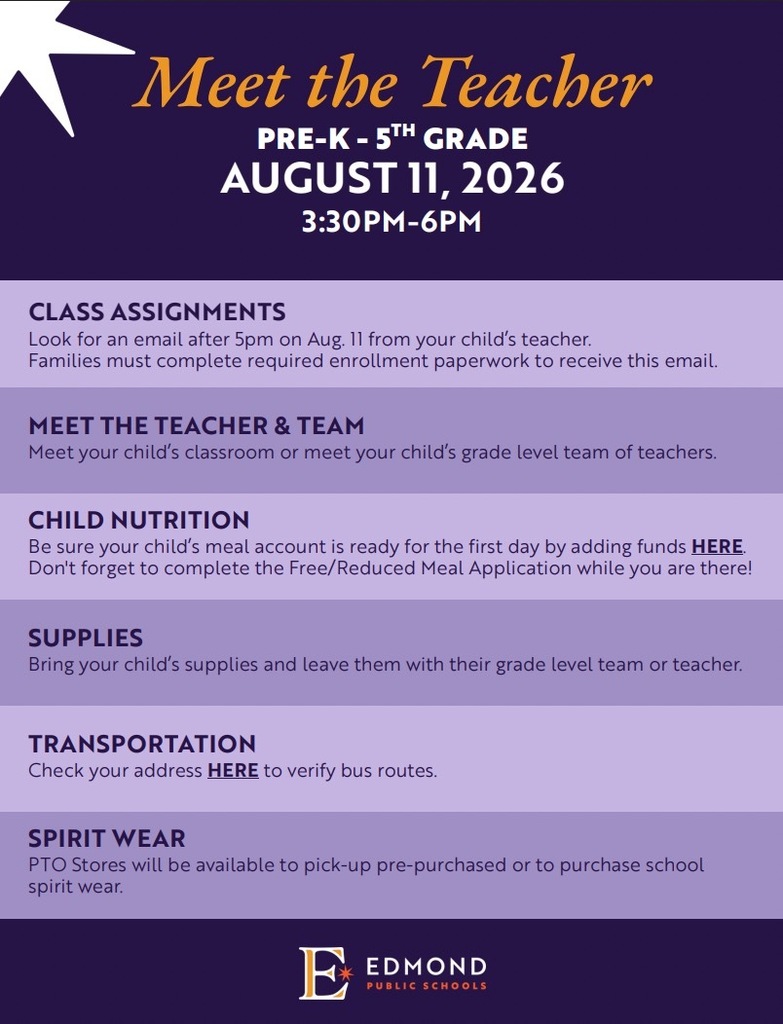 Meet the Teacher Pre-K-5th Grade  August 11, 2026 3:30-6PM