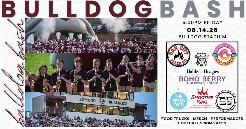 Bulldog Bash 5pm Friday 8.14.26 Bulldog Stadium- Food trucks- merch- performances- football scrimmages