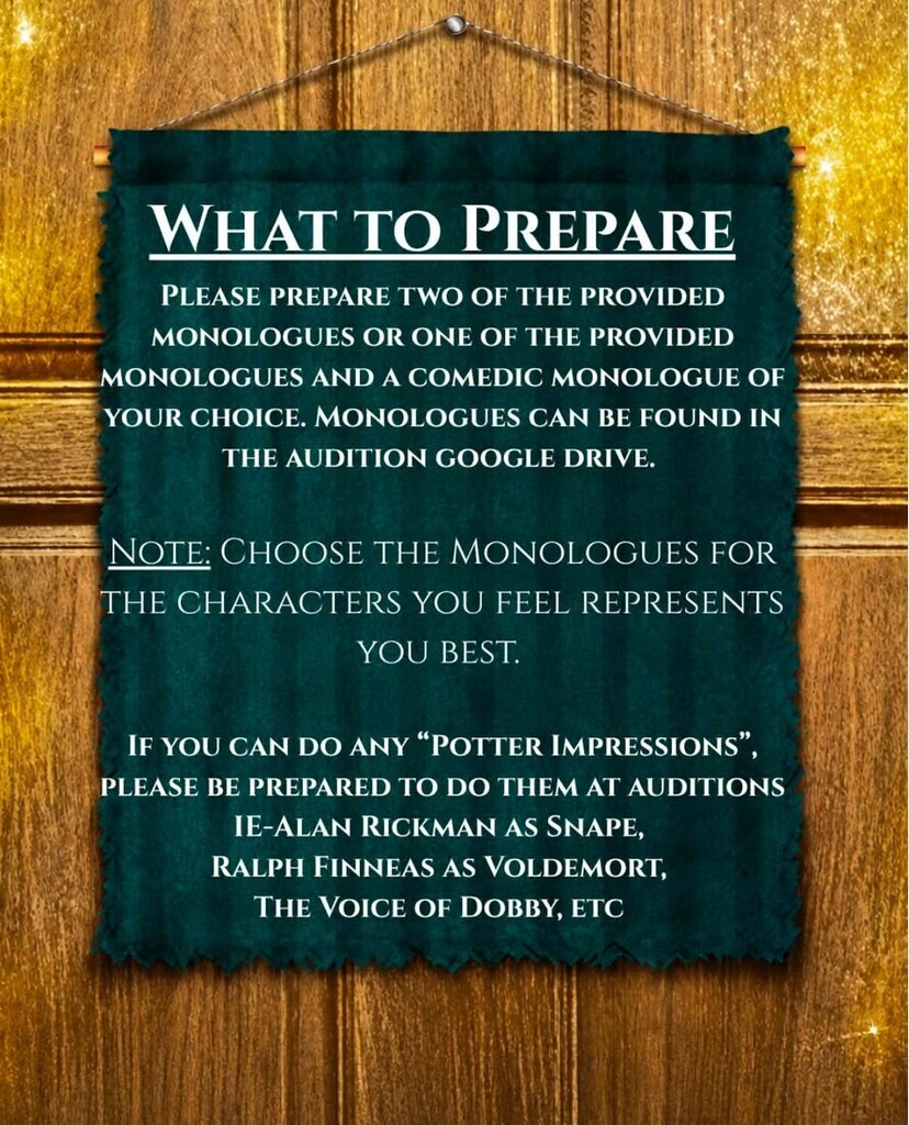 What to prepare-- prepare two of the provided monologues or one & a comedic monologue of your choice. 