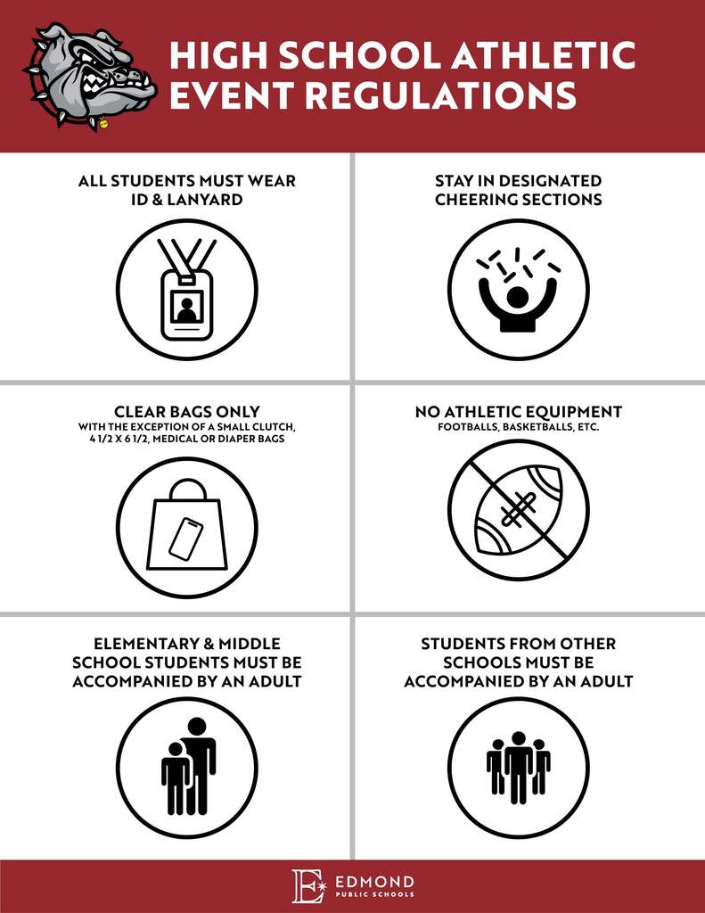 HS Athletic Reglations, all students must wear id, stay in designated sections, clear bags only, no athletic equipment, elementary & middle & guest students must be with an accompanied adult