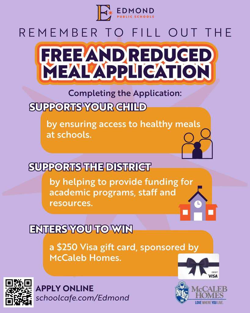 Remember to fill out the free and reduced application. It supports your child and the district. Enters you to win a $250 Visa gift card.