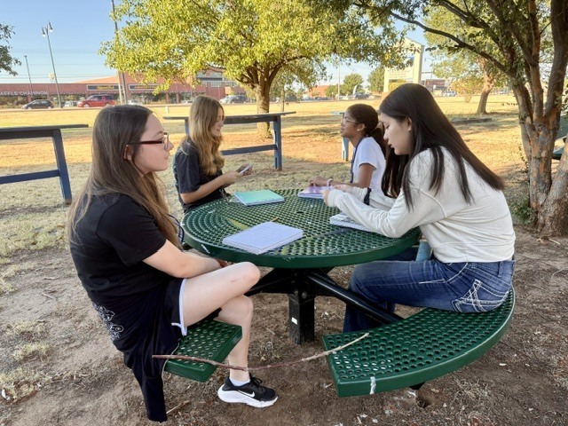 4 teen girls sitting on a green bench outdoors. They have notebooks in front of them and seem to be in discussion.