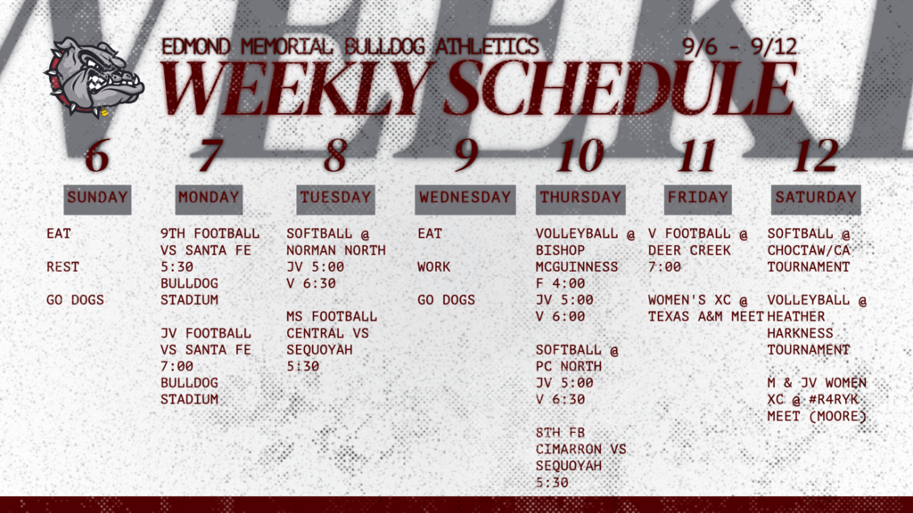 🐾 WEEKLY SCHEDULE: 9/6 - 9/12 🐾 It's a big week for Bulldog Athletics! 🏈🏐🥎🏃♀️ From football and volleyball to softball and cross country, catch your Bulldogs in action all week long. Come out and support the teams see you at the games! #GoDogs