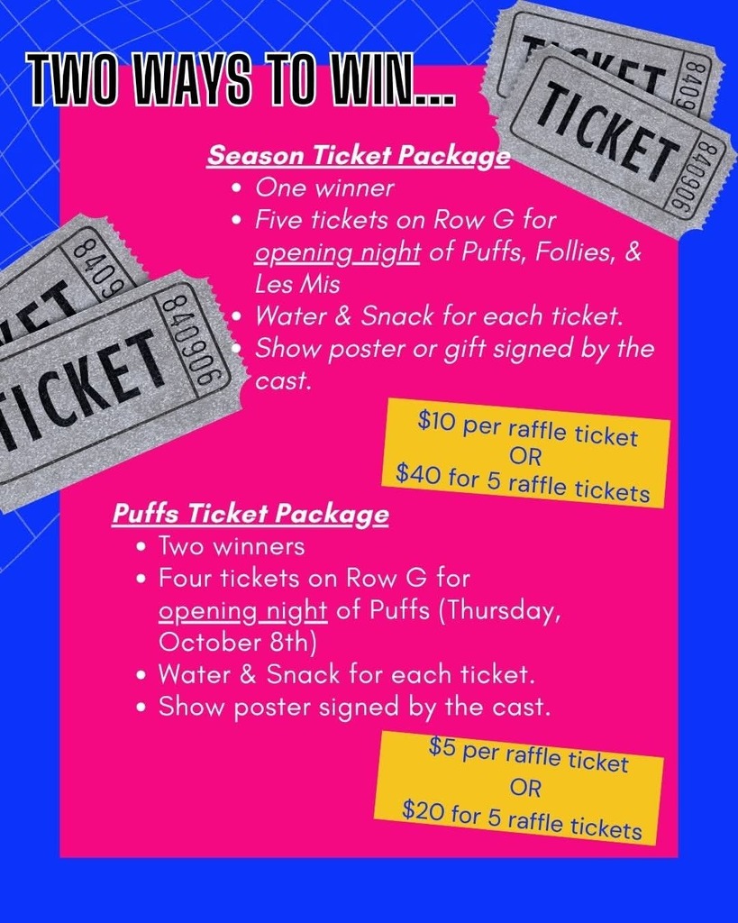 1 season ticket package $10 per raffle/$40 for 5 raffle tickets, Puffs ticket package $5 per raffle ticket or $20 for 5 raffle tickets