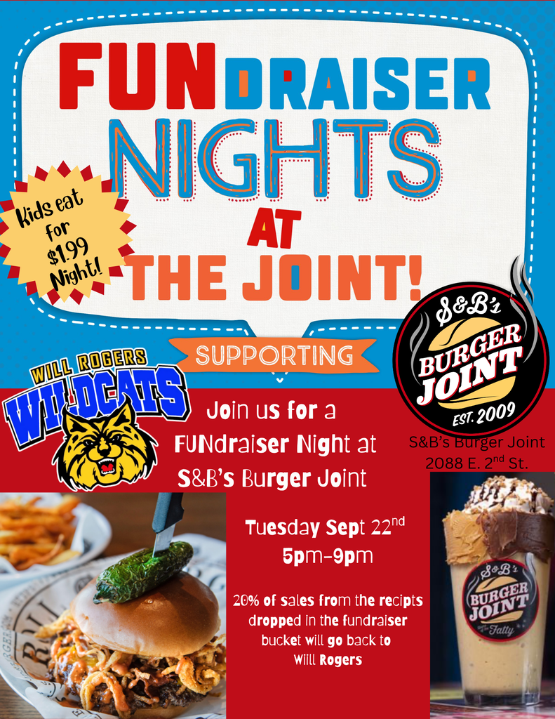 🍟Skip the hassle of making dinner and eat at S&B’s Tuesday September 22nd, from 5-9pm.🍔 🎉Don’t forget to drop your receipt in the fundraiser box so 20% of your sale goes back to the school! 💙We hope to see you there! 💙