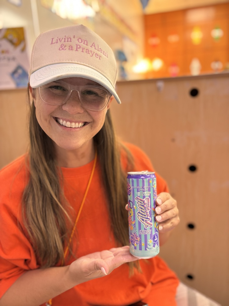 Mrs Cunningham with her hat and energy drink 
