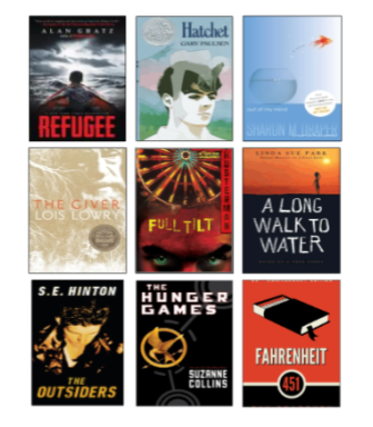 9 book covers - Refugee, Hatchet, Out of My Mind, The Giver, Full Tilt, A Long Walk to Water, The Outsiders, The Hunger Games, and Fahrenheit 451