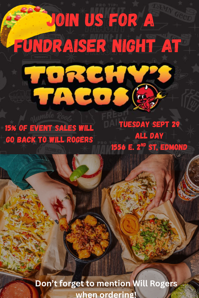 🌮💙 Tor­chy’s Tacos PTO Fundraiser! 💙🌮  Join us ALL DAY on September 29th at Torchy’s Tacos!  📍 1556 E. 2nd St. 💙 Mention that you’re with Will Rogers Elementary, and 15% of your purchase will be donated back to our school!  Grab some tacos and support our Wildcats! 🐾🌮