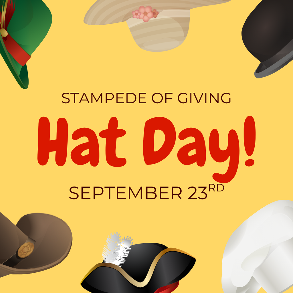 A yellow background with various hats around the border. It includes the words, "Stampede of Giving Hat Day September 23rd"