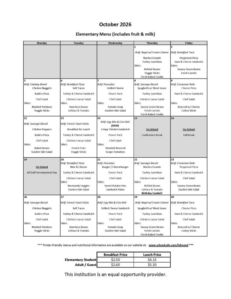 Oct. Lunch Menu