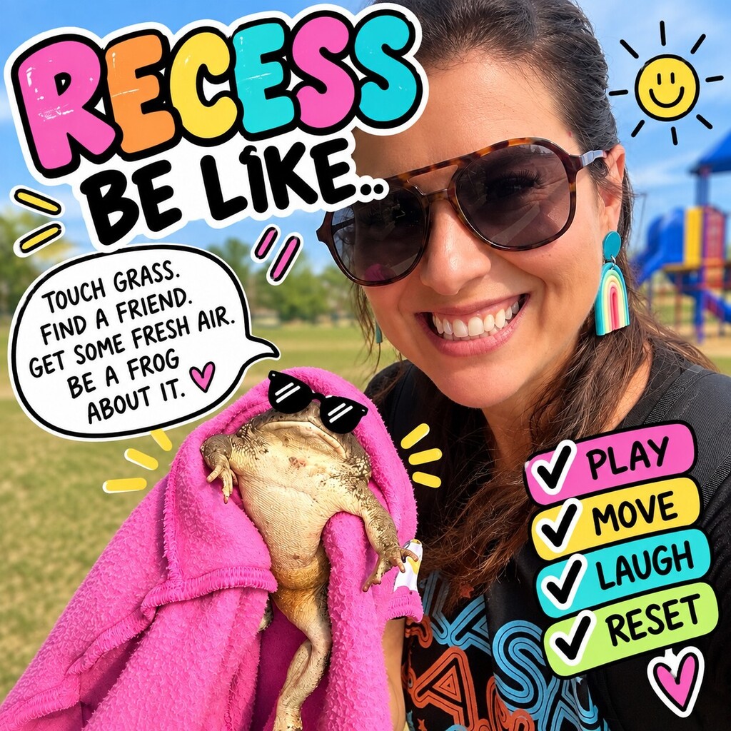 teacher rescuing frog during recess on playground