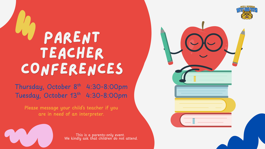 📚 Parent-Teacher Conferences are coming! 💙💛 Join us on Thursday, October 8th or Tuesday, October 13th from 4:30–8:00 PM. 📅 Sign up for a conference through your child’s teacher. 🗣️ Need an interpreter? Please let your child’s teacher know when you sign up. 👨👩👧 This is a parents-only event. Please make arrangements for children to stay home. We appreciate your help in keeping conference time focused on meaningful conversations between parents and teachers. We look forward to seeing you! 🐾