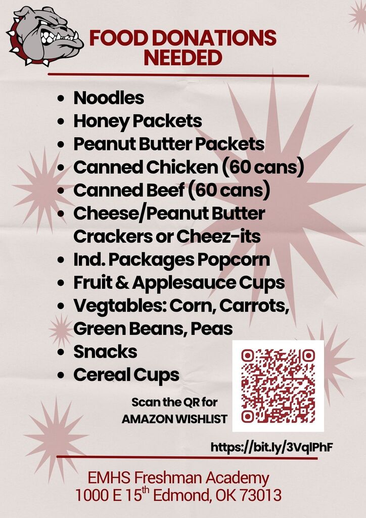 The EMHS food pantry shelves are getting bare and we need your help packing the shelves with items on this attached list or the Amazon wishlist (QR code on the flyer, https://bit.ly/3VqlPhF)! 🐾If you have any questions- please reach out to Paula.tettleton-edson@edmondschools.net