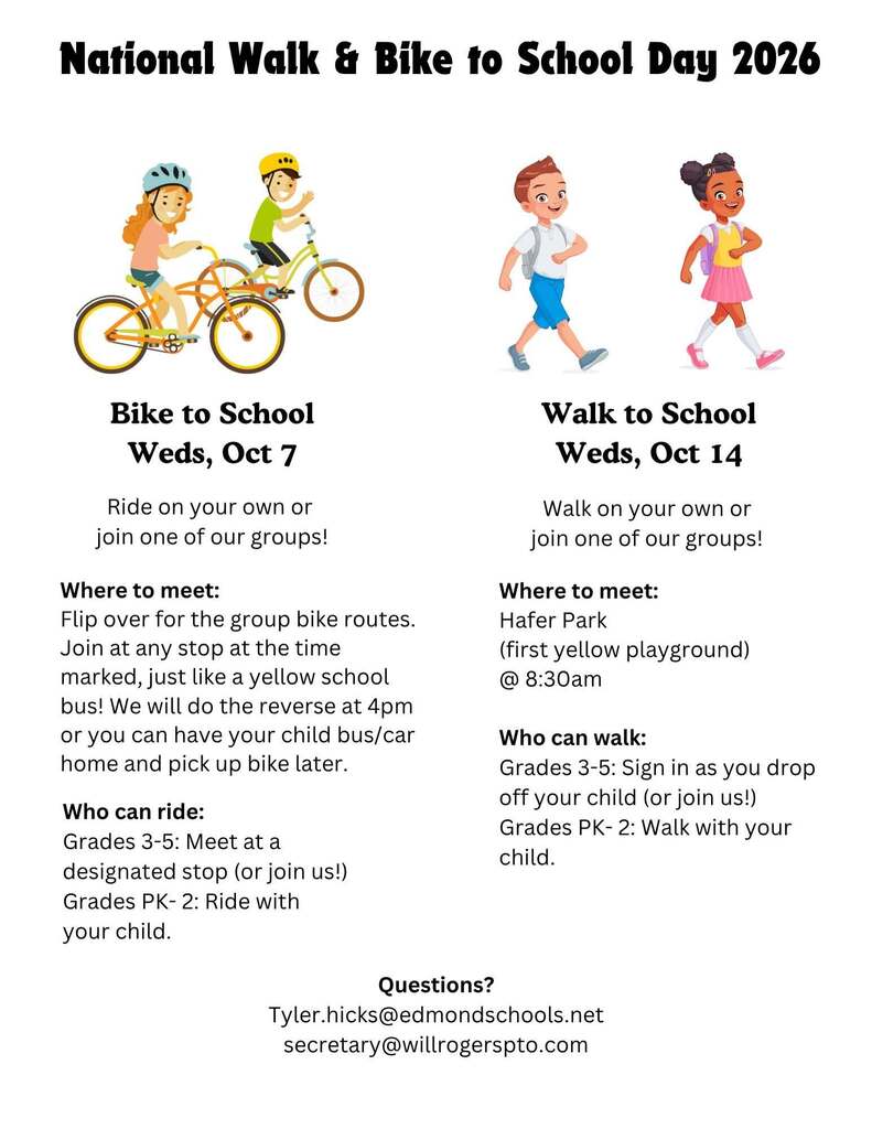 🚲💙 BIKE TO SCHOOL IS TOMORROW! 💙🚲 Join us tomorrow, Wednesday, October 7, for Bike to School Day! Ride on your own or join one of our group bike routes! 🚴♀️🚴♂️ 📍 Check out the group bike routes and join at any designated stop at the time marked—just like a yellow school bus! 🚌 🔄 We’ll do the reverse route at 4:00 PM, or you can have your child ride the bus/car home and pick up their bike later. Who can ride? 🚲 Grades 3–5: Meet at a designated stop or join us! 🚲 Grades PK–2: Guardians must ride with their child. Let’s get our Wildcats moving! 🐾💙💛 Questions? 📧 Tyler Hicks — tyler.hicks@edmondschools.net 📧 Will Rogers PTO — secretary@willrogerspto.com