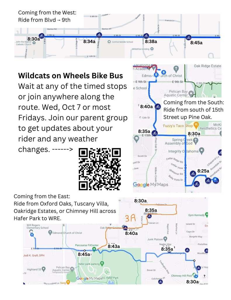 🚲💙 BIKE TO SCHOOL IS TOMORROW! 💙🚲 Join us tomorrow, Wednesday, October 7, for Bike to School Day! Ride on your own or join one of our group bike routes! 🚴♀️🚴♂️ 📍 Check out the group bike routes and join at any designated stop at the time marked—just like a yellow school bus! 🚌 🔄 We’ll do the reverse route at 4:00 PM, or you can have your child ride the bus/car home and pick up their bike later. Who can ride? 🚲 Grades 3–5: Meet at a designated stop or join us! 🚲 Grades PK–2: Guardians must ride with their child. Let’s get our Wildcats moving! 🐾💙💛 Questions? 📧 Tyler Hicks — tyler.hicks@edmondschools.net 📧 Will Rogers PTO — secretary@willrogerspto.com