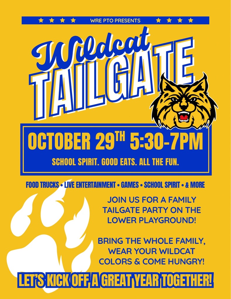🏈 SAVE THE DATE! 🏈 Get ready to TAILGATE, WILDCATS! 💙💛 📅 Thursday, October 29 ⏰ 5:30–7:00 PM 📍 Will Rogers Elementary 🍔 Food Trucks 🎶 Live Entertainment 🎯 Games & Activities 💙💛 School Spirit 👨👩👧👦 Fun for the Whole Family Wear your Wildcat gear, bring the whole family, and come hungry! 😋 School Spirit. Good Eats. All the Fun. 🏈🐾 We can’t wait to see you there! 💙💛