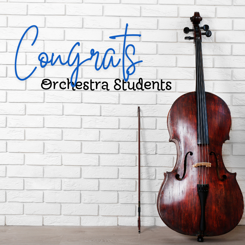 White brick background with a string bass and bow laying against the wall with the words, "Congrats orchestra students"