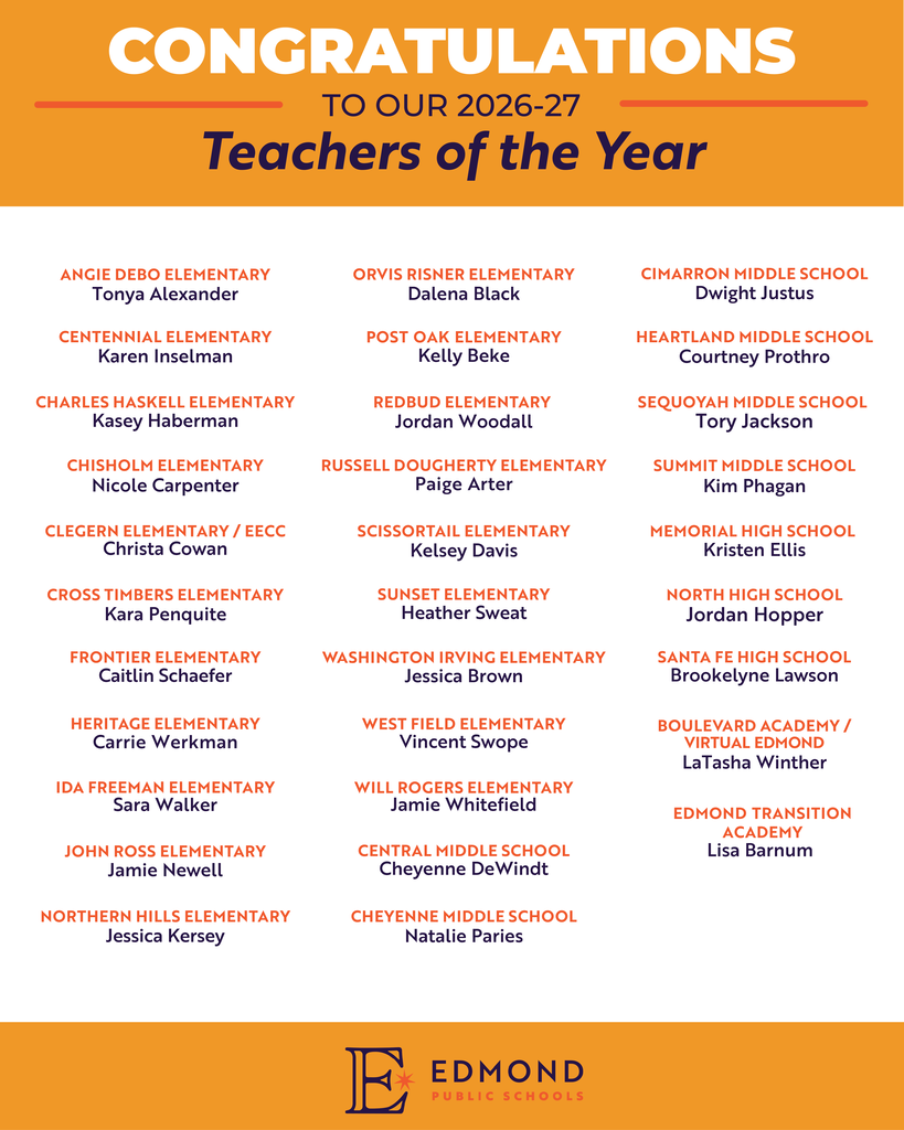 Tonya Alexander Special Ed (MAAS) Angie Debo Karen Inselman 4 th Grade Centennial Kasey Haberman 2 nd Grade Charles Haskell Nicole Carpenter Kindergarten Chisholm Christa Cowan Pre-K EECC-Edmond Early Childhood Center &amp; Clegern Kara Penquite 1 st Grade Cross Timbers Caitlin Schaefer 4 th Grade Frontier Carrie Werkman Music Heritage Sara Walker Speech Language Pathologist Ida Freeman Jamie Newell Pre-K John Ross Jessica Kersey Special Ed BBS Northern Hills Dalena Black Kindergarten Orvis Risner Kelly Beke Special Ed Mild Resource Post Oak Jordan Woodall 2 nd Grade Redbud Paige Arter 2 nd Grade Russell Dougherty Kelsey Davis 5 th Grade Scissortail Heather Sweat 3 rd Grade Sunset Jessica Brown 1 st Grade Washington Irving Vincent Swope Physical Education West Field Jamie Whitefield Reading Specialist Will Rogers Cheyenne DeWindt 8 th Grade Math Central Natalie Paries 8 th Grade Math Cheyenne Dwight Justus 7 th Grade Geography Cimarron Courtney Prothro 6 th Grade Math Heartland Tory Jackson Special Ed (MAAS) Sequoyah Kim Phagan Special Ed- 6 th Grade English Summit Kristen Ellis FACS/Culinary Memorial Jordan Hopper English North Brookelyne Lawson Special Ed (MAAS) Santa Fe LaTasha Winther Counselor Boulevard Academy &amp; VE Lisa Barnum SPED Deaf Ed Interpreter Edmond Transition Academy