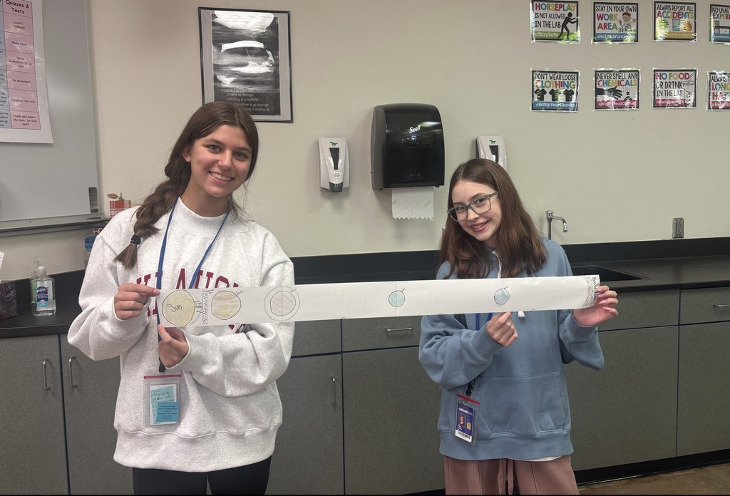 Two girls holding a long piece of thin paper with drawings of planets on it. 