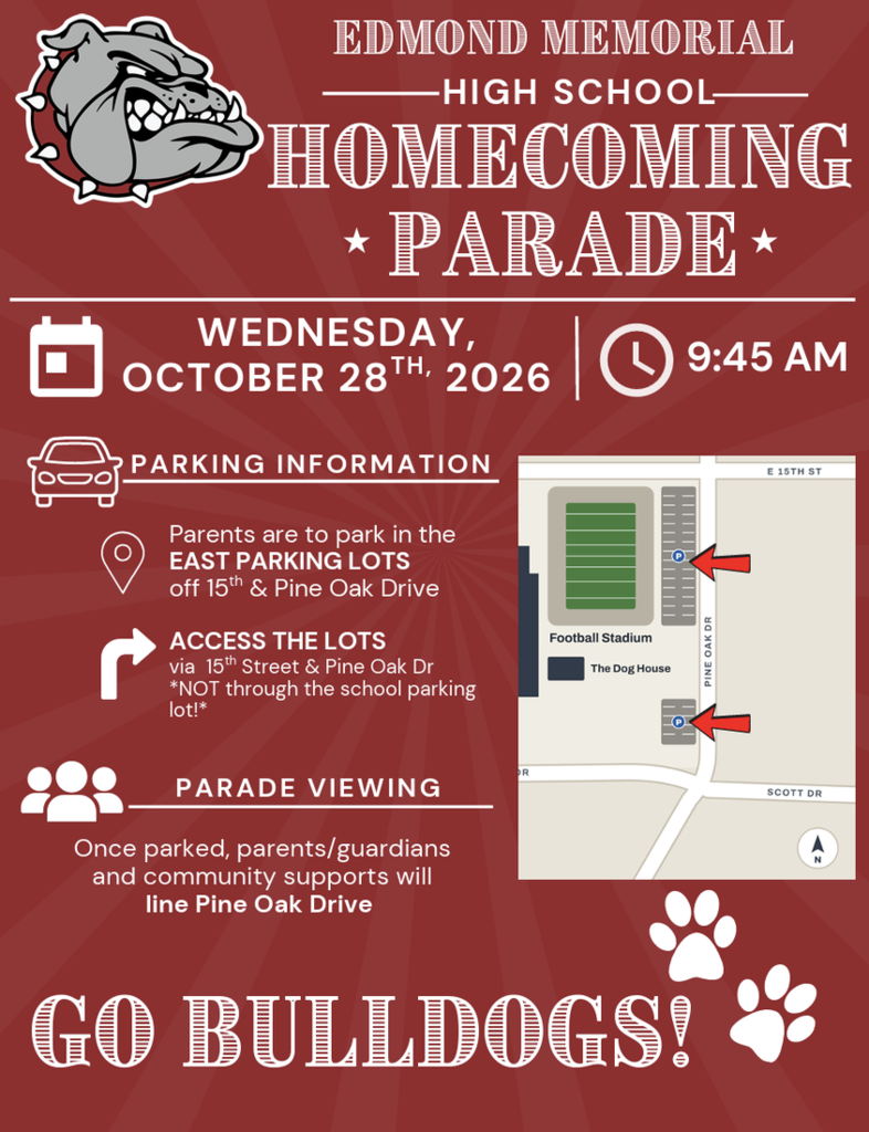 EMHS Oct 28th 9:45am, park on east side of stadium, view parade from Pine Oak Drive