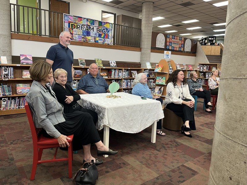 guests at the teacher of the year reception in media center