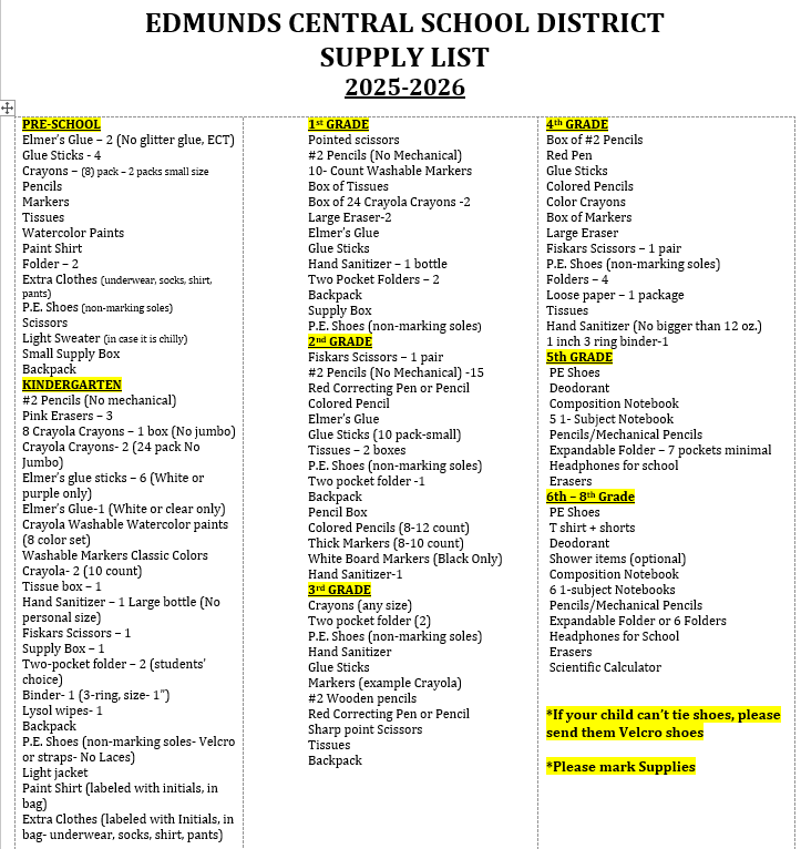 2025 - 2026 School Supply List