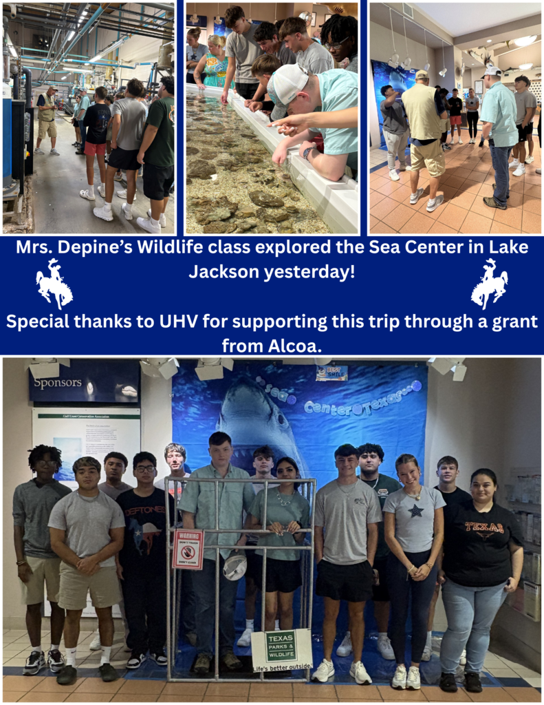 🌊🐟 Wildlife on the Coast! 🐟🌊 Mrs. Depine’s Wildlife class had the opportunity to visit the Sea Center in Lake Jackson today! Students explored marine life and coastal conservation firsthand. A big thank you to UHV and Alcoa for making this trip possible through grant support. 💙