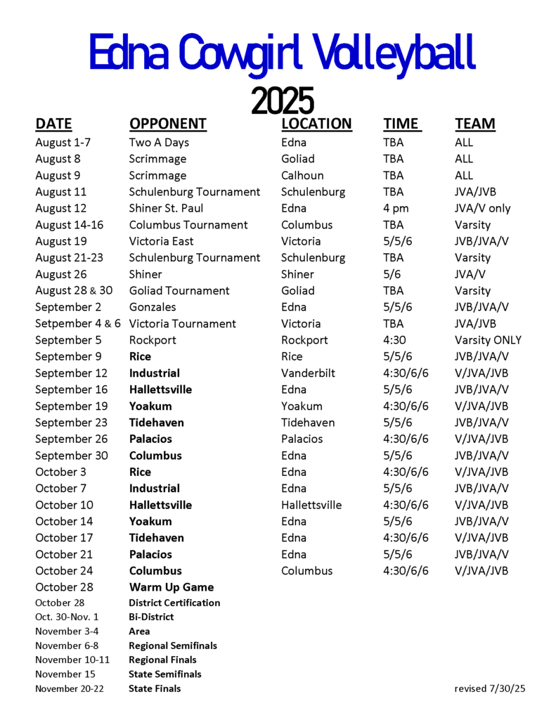 Edna Cowgirl Volleyball Schedule 8-25-25