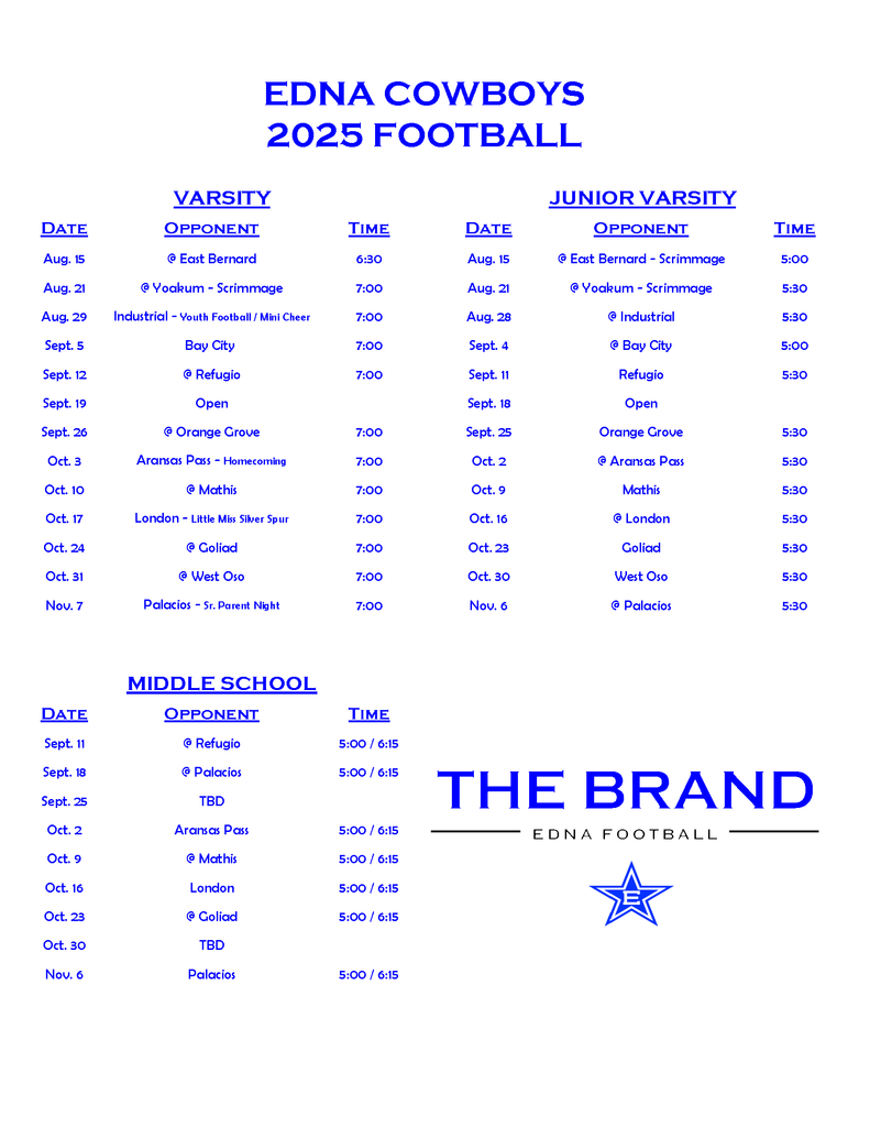 Edna Cowboy Football Schedule 8-25-25